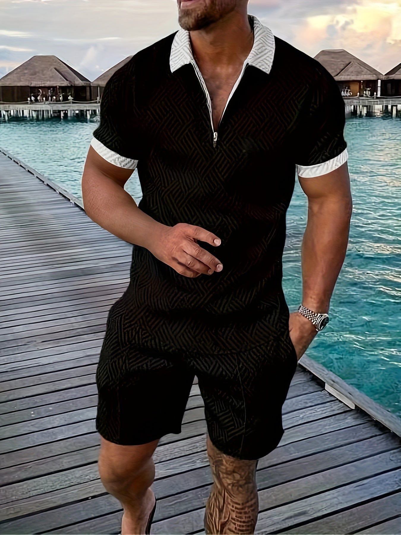 Set corto geometrico con zip per uomo