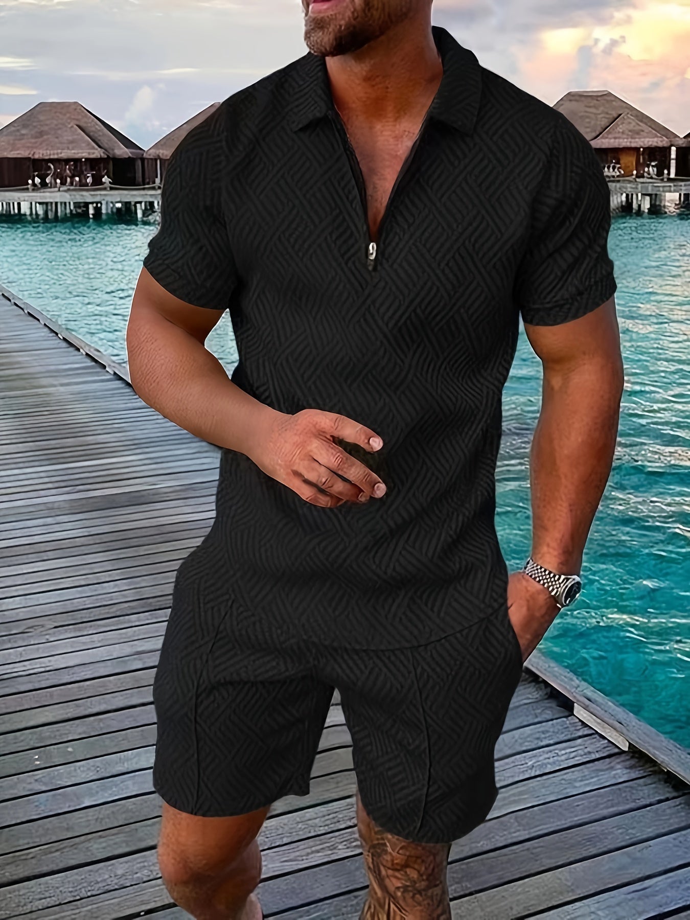 Set corto geometrico con zip per uomo