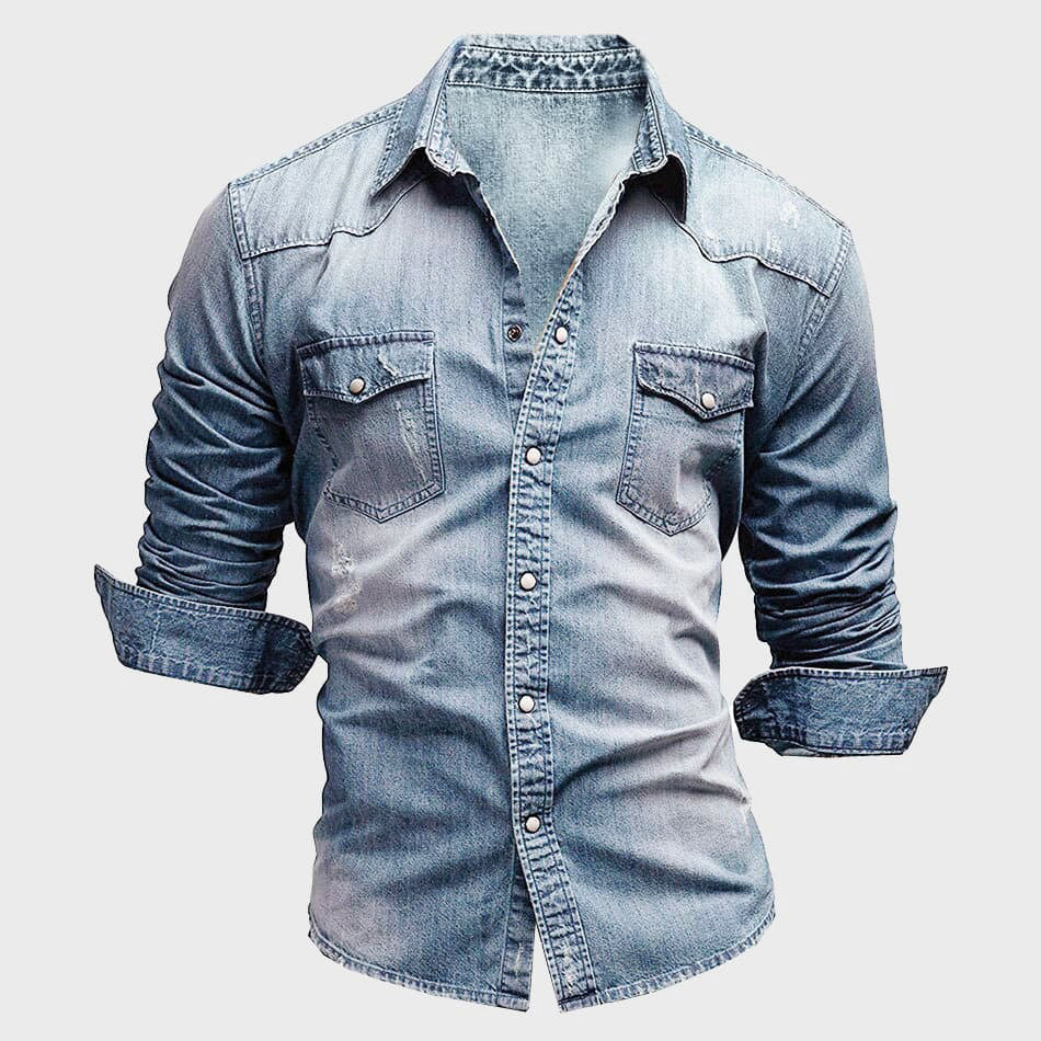 Camicia da uomo in denim a maniche lunghe con chiusura a bottoni