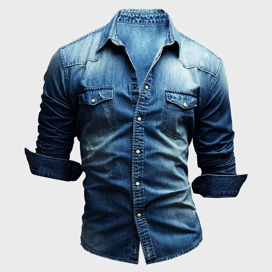 Camicia da uomo in denim a maniche lunghe con chiusura a bottoni