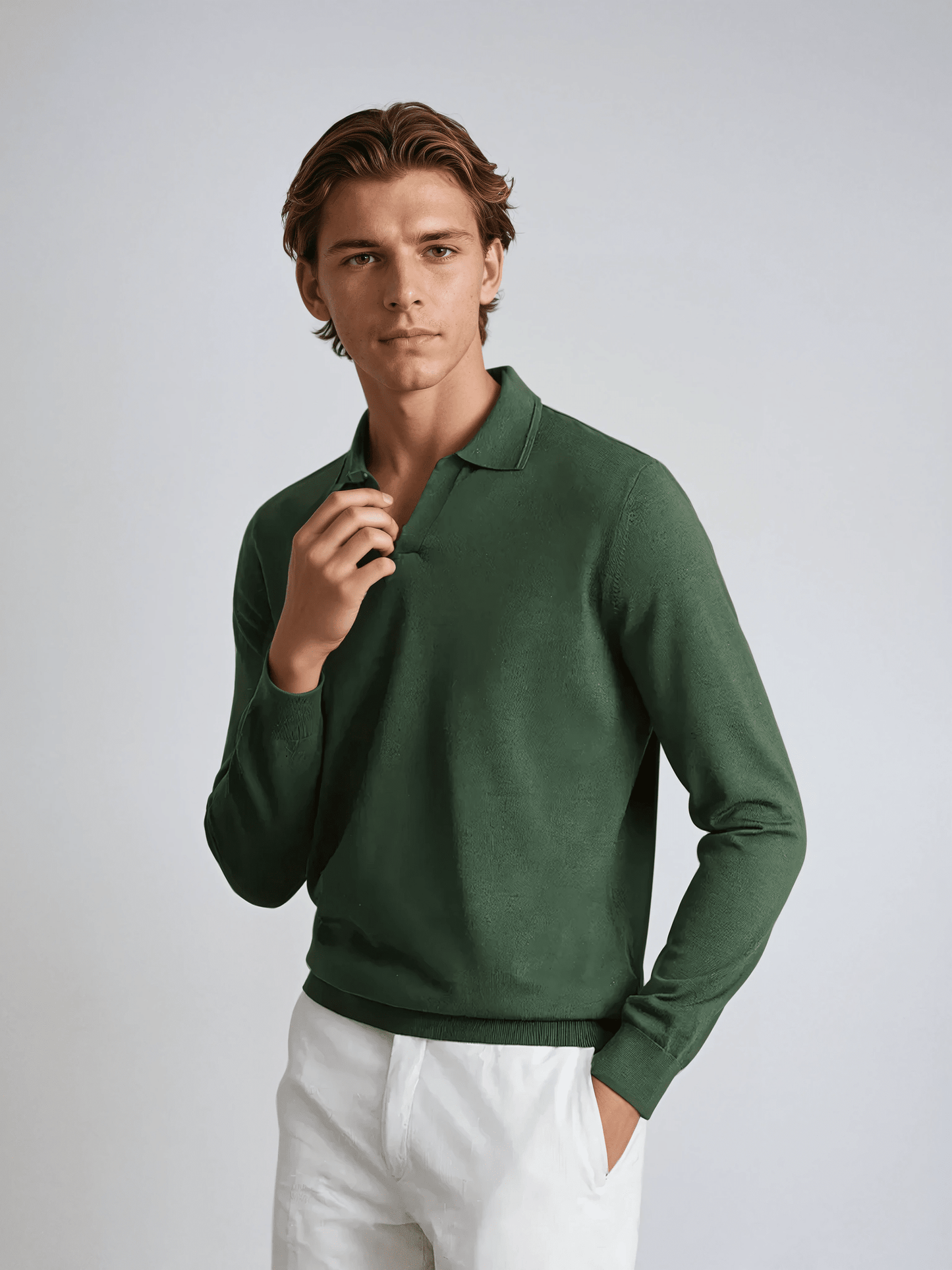 Green Long Sleeve No-Button Polo Shirt for Men