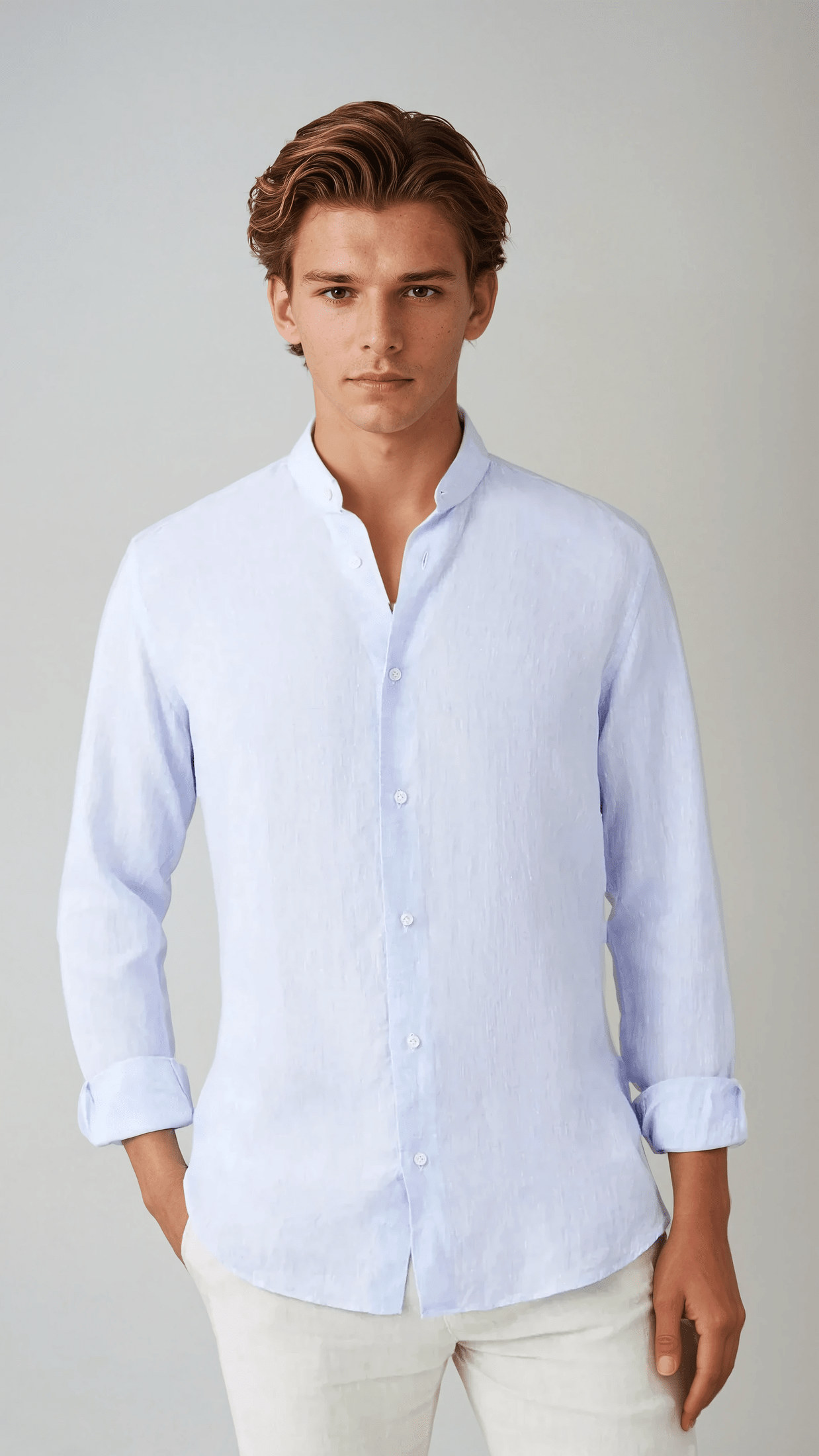 Light Blue Linen Band Collar Shirt for Effortless Style