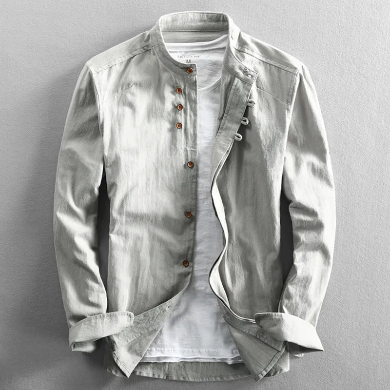 Camicia da uomo slim fit con collo alla coreana e maniche lunghe