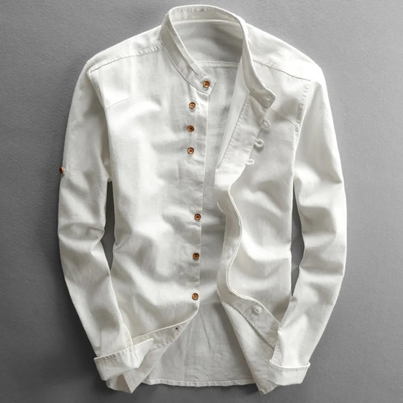 Camicia da uomo slim fit con collo alla coreana e maniche lunghe