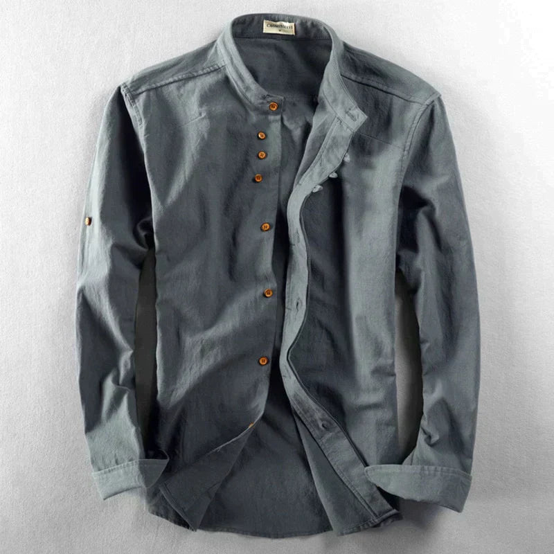 Camicia da uomo slim fit con collo alla coreana e maniche lunghe