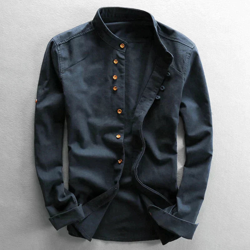 Camicia da uomo slim fit con collo alla coreana e maniche lunghe
