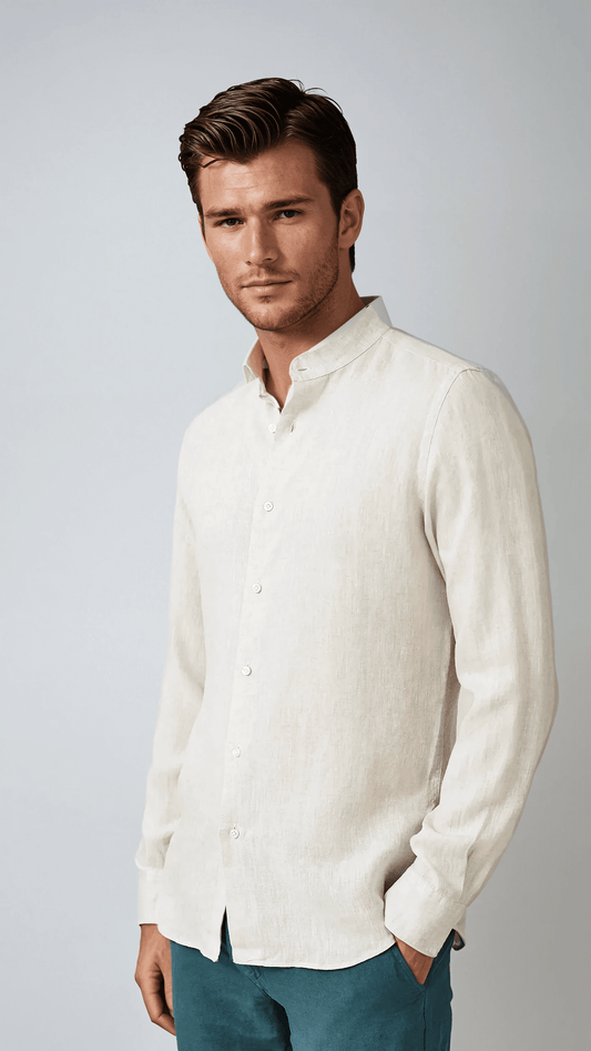 Beige Linen Band Collar Shirt for Effortless Style