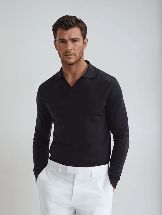 Black Long Sleeve No-Button Polo Shirt for Men