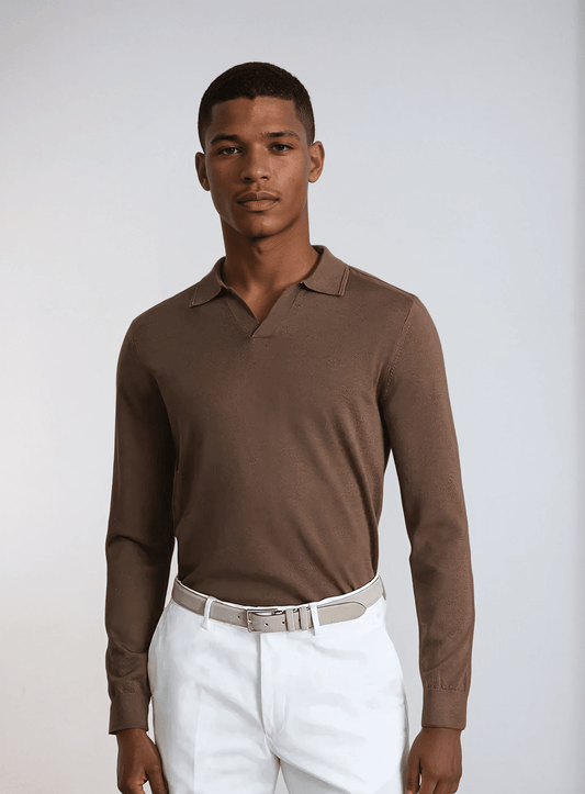 Brown Long Sleeve Polo Shirt - No Buttons, Casual Style