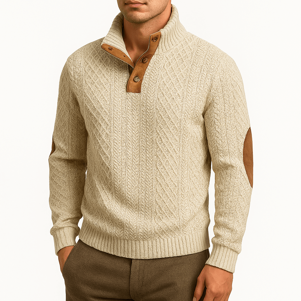 LUXEOUTFIT | Zip-Up Sweater with Leather Patches