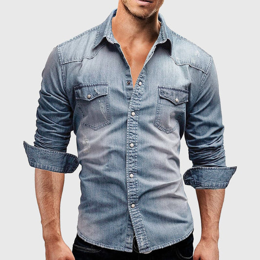 Camicia da uomo in denim a maniche lunghe con chiusura a bottoni