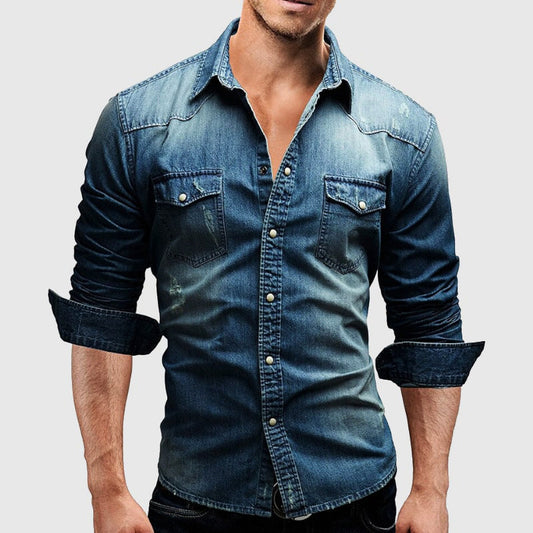 Camicia da uomo in denim a maniche lunghe con chiusura a bottoni