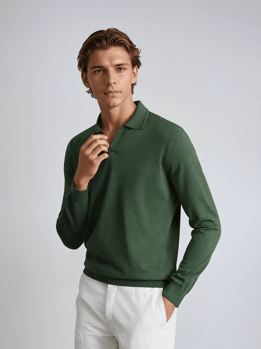 Green Long Sleeve No-Button Polo Shirt for Men