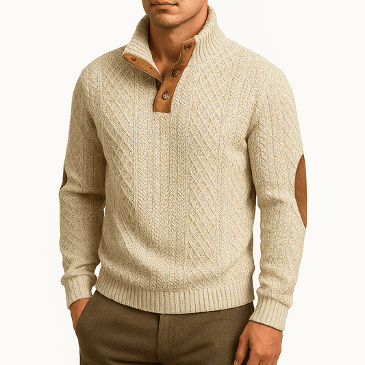 LUXEOUTFIT | Zip-Up Sweater with Leather Patches