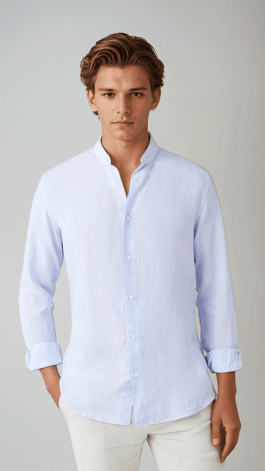Light Blue Linen Band Collar Shirt for Effortless Style