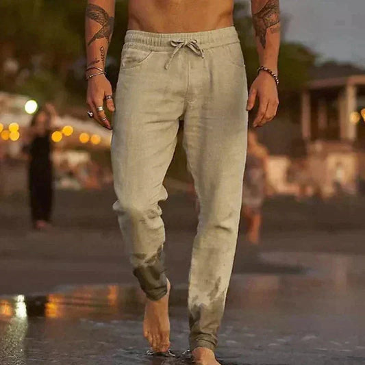 Men's Casual Linen Trousers Breathable Lightweight Summer Fit