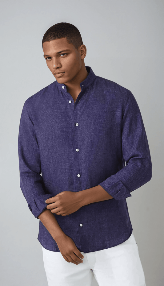 Navy Blue Linen Band Collar Shirt for Effortless Style