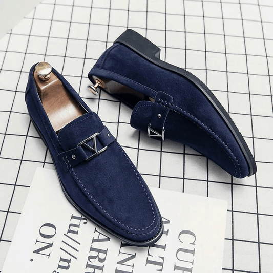 Navy Suede Loafers for Men with Stylish Metal Buckle Luxeoutfit