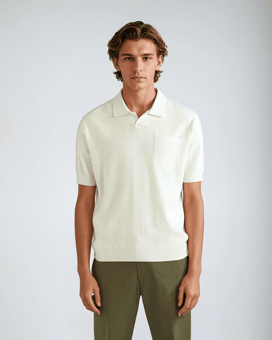 White Crochet Polo Shirt with Pocket - Stylish & Unique