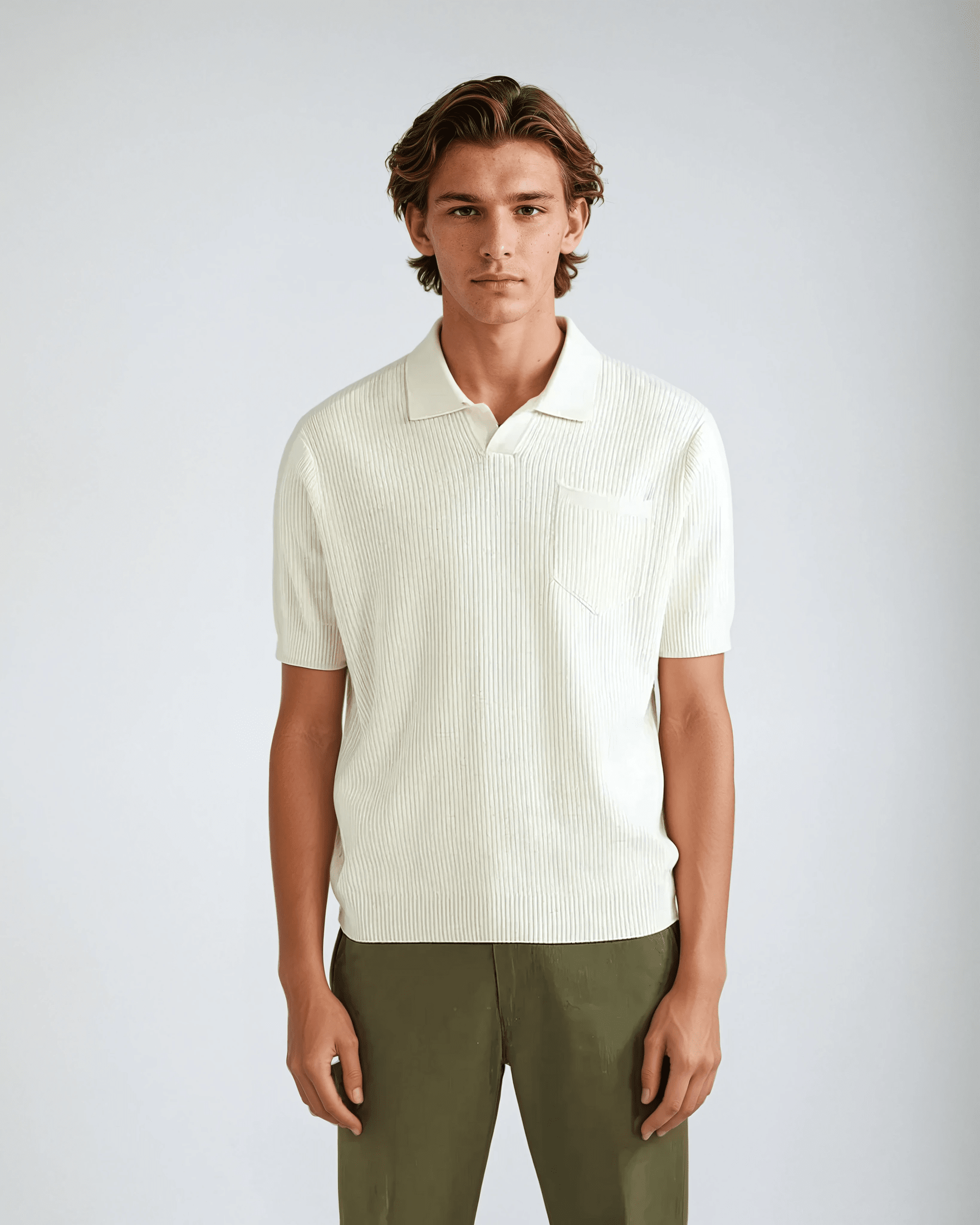 White Crochet Polo Shirt with Pocket - Stylish & Unique