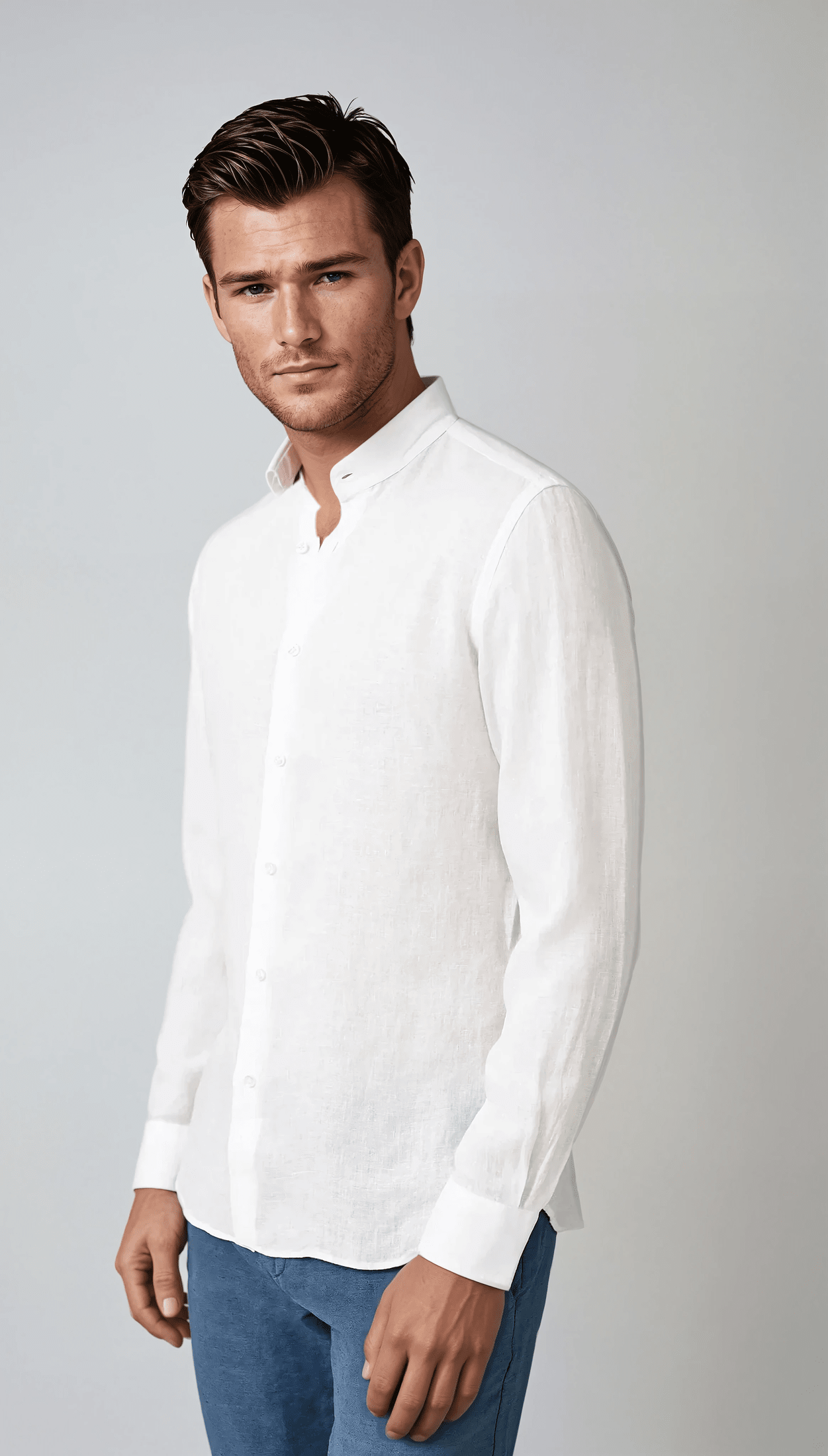 White Linen Band Collar Shirt - Stylish & Breathable