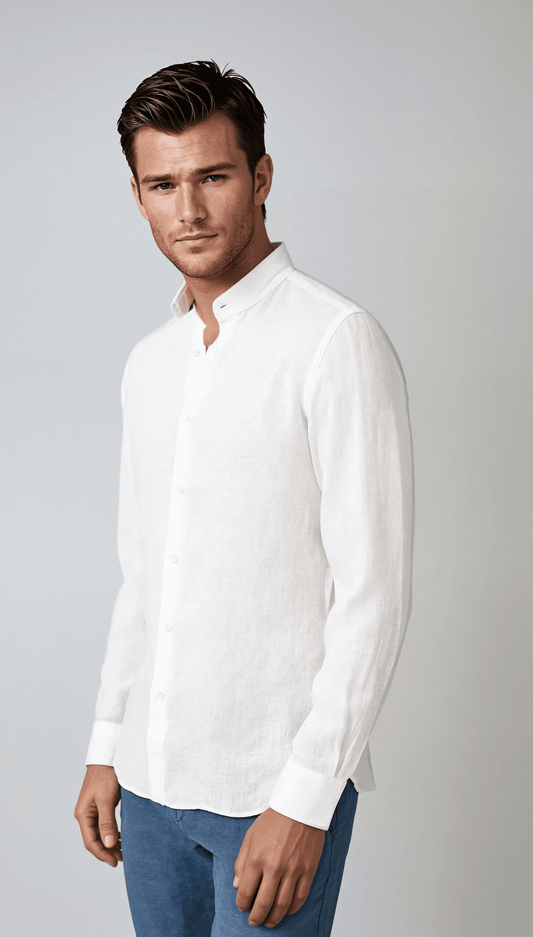 White Linen Band Collar Shirt - Stylish & Breathable